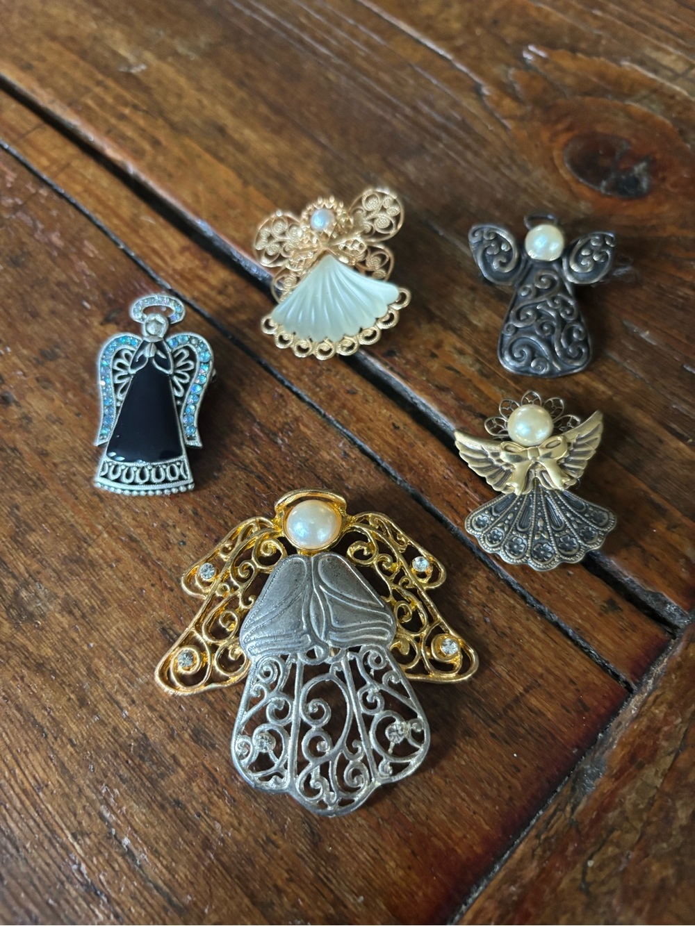 Gold and Silver Angel Brooch Collection with Pearl Accents